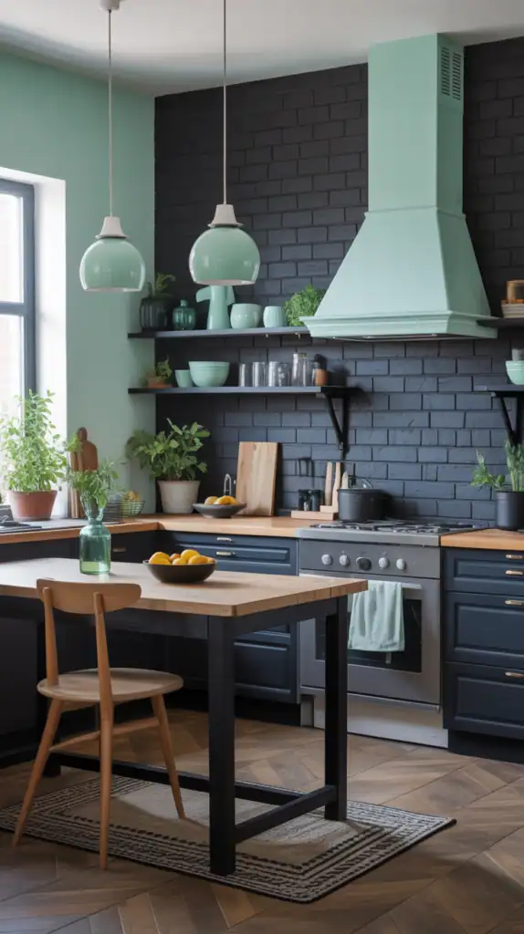 A modern black kitchen featuring mint green accents and decor.