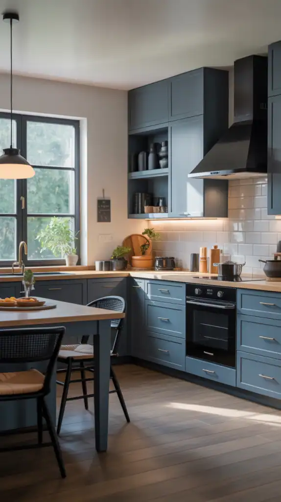 A modern kitchen featuring slate blue cabinets, black accents, and natural light.