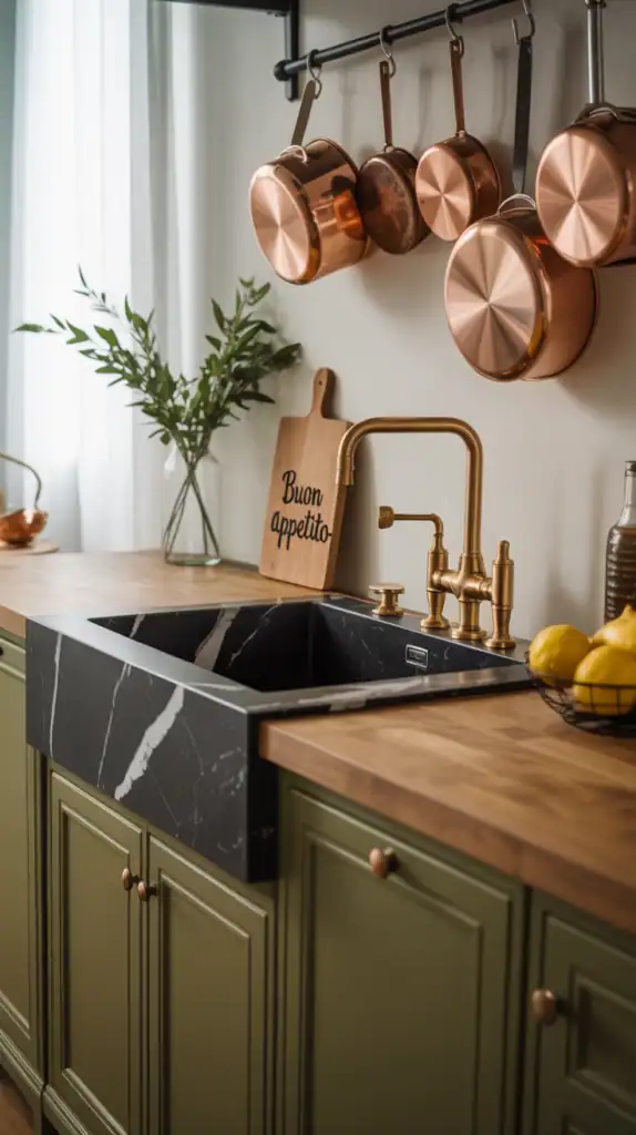 A black kitchen with rustic olive green accents and wooden elements.
