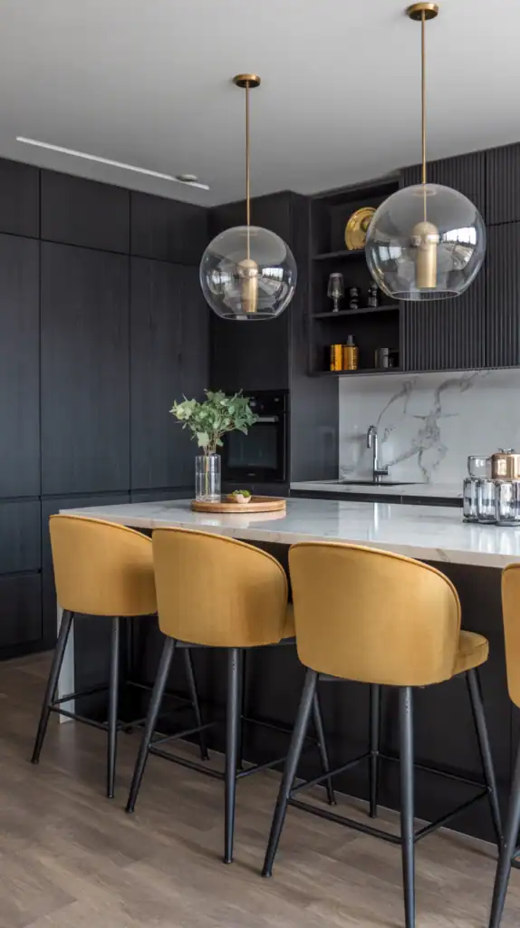 A modern black kitchen featuring muted mustard bar stools and gold accents.