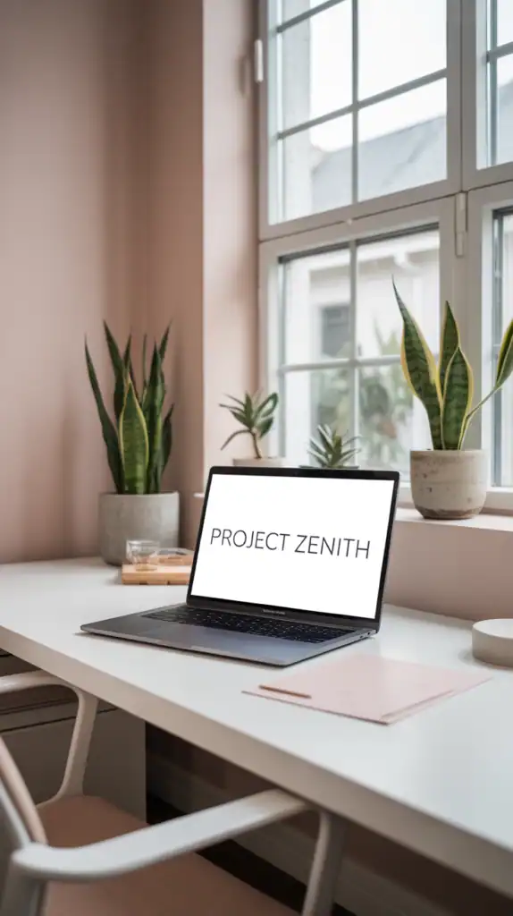 Stylish home office with pink and gray walls, modern furniture, and plants