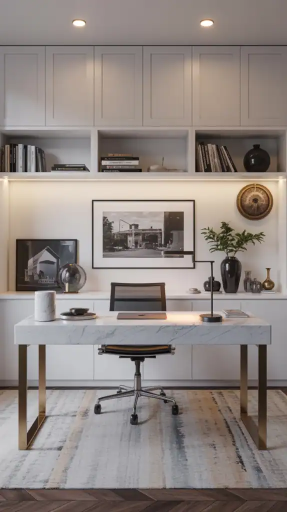 Modern day home office with white cabinetry and a marble table