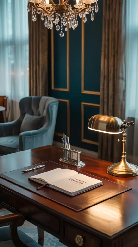 A luxurious home office with a chandelier, dark walls, and elegant furniture.