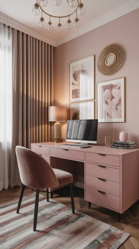 A stylish home office featuring a pink desk, velvet chair, and decorative elements.