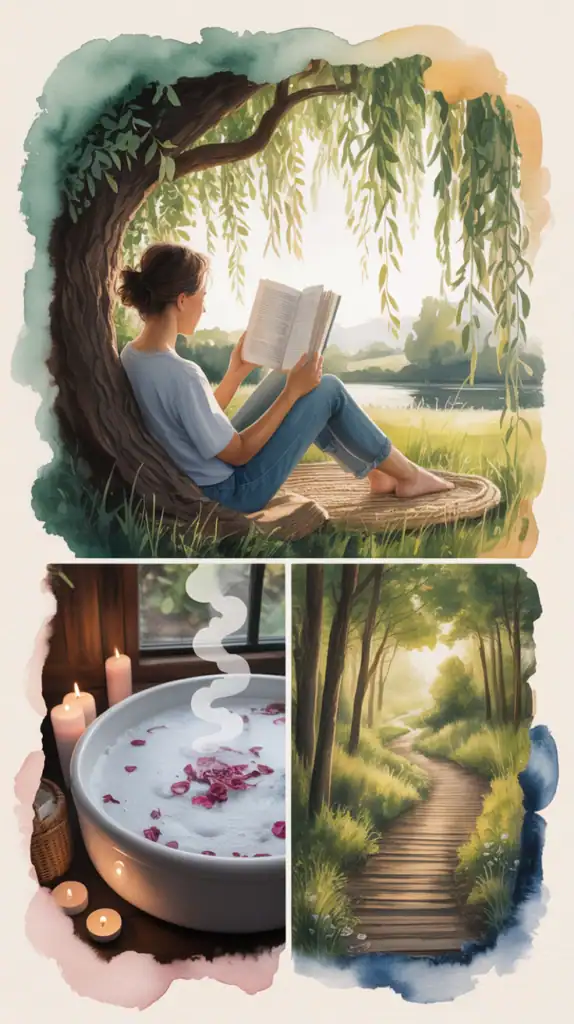 A collage of self-care activities including nature walks, relaxing baths, and reading.