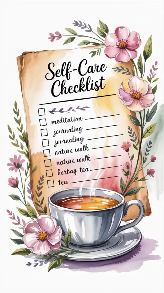 A lot self-care checklist for women with flowers and a cup of tea.