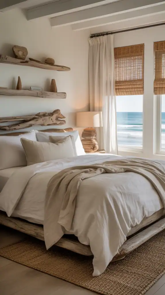 Rustic coastal bedroom with driftwood bed frame, neutral linens, woven shades, and ocean view through large windows—styled with natural textures and earthy tones.