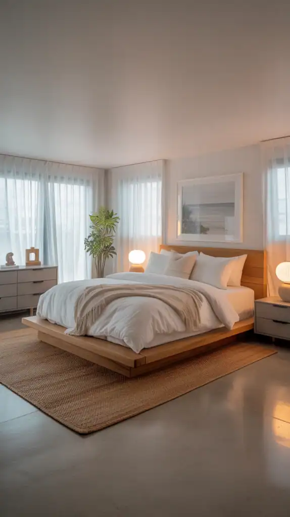 Modern coastal bedroom with a low wooden platform bed, white bedding, woven rug, soft ambient lighting, and sheer curtains for a clean, airy beach-inspired look.