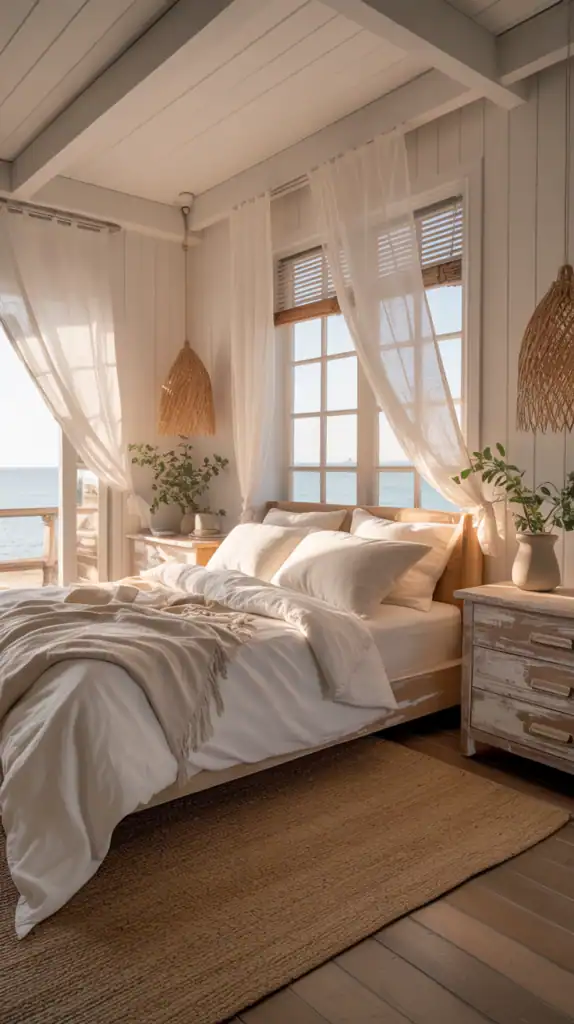 Coastal bedroom with ocean view, white shiplap walls, sheer curtains, woven pendant lights, and distressed wood furniture—styled with neutral bedding and beachy textures.