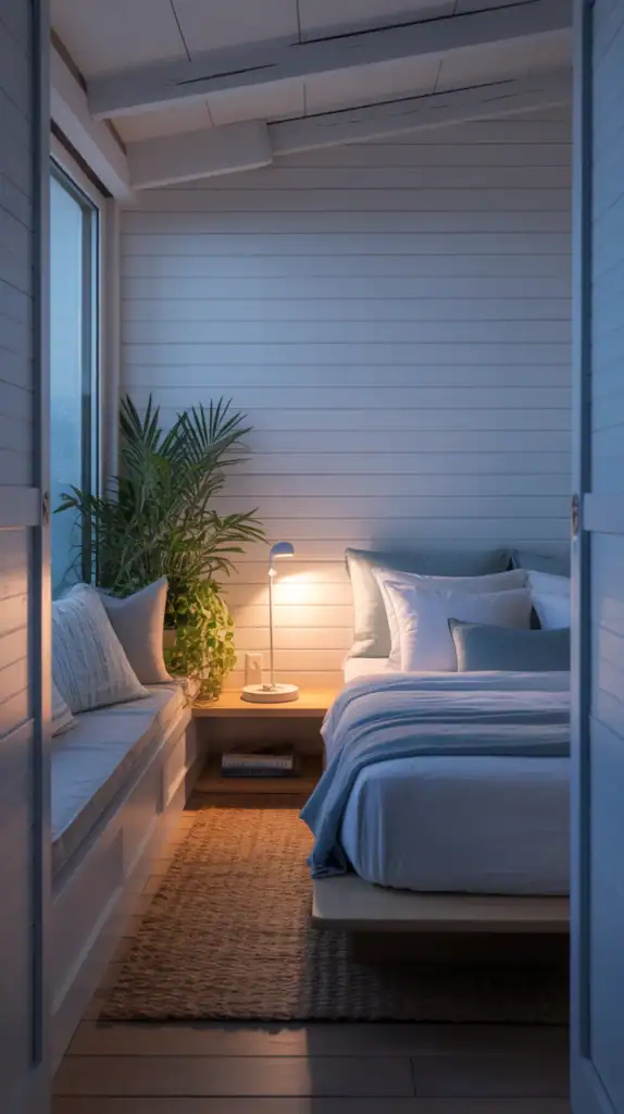 Cozy coastal bedroom with white shiplap walls, a soft blue and white bed, warm bedside lighting, a built-in bench with pillows, and lush greenery for a tranquil seaside feel.