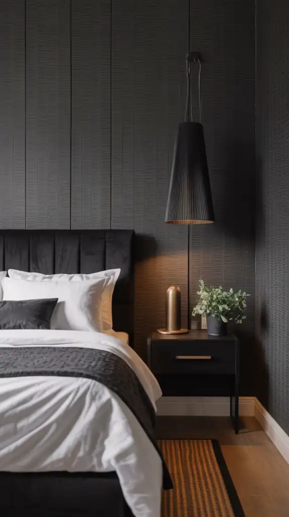 A stylish bedroom featuring textured black wallpaper, a black bed with white linens, a black nightstand, and a modern lamp.
