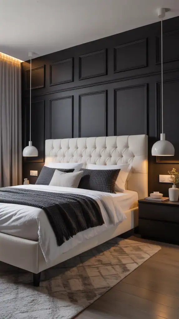A modern black bedroom featuring white accents, including a tufted headboard, bedside tables, and a hanging light.