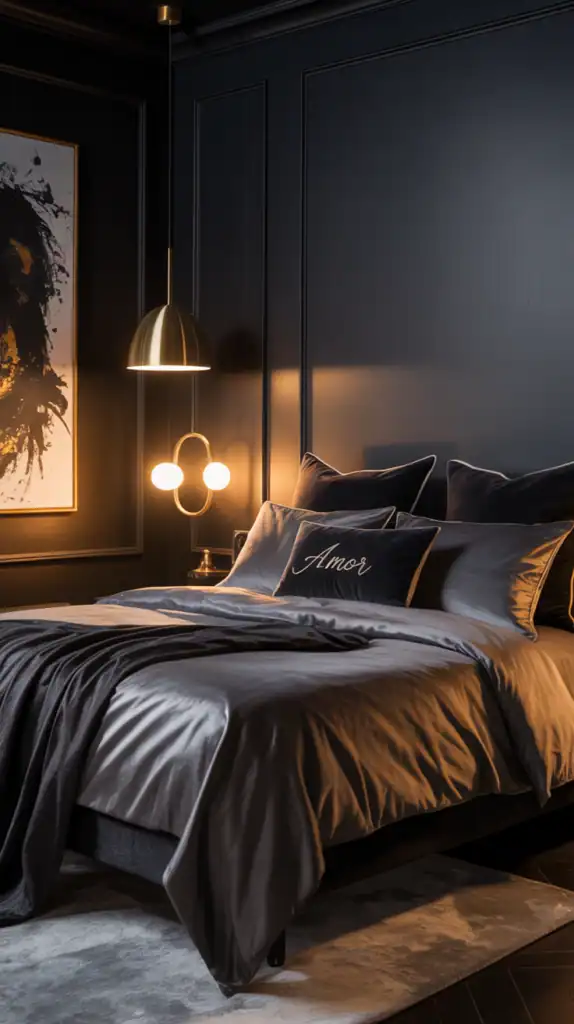 A stylish black bedroom with a pendant light and wall sconces providing warm lighting.