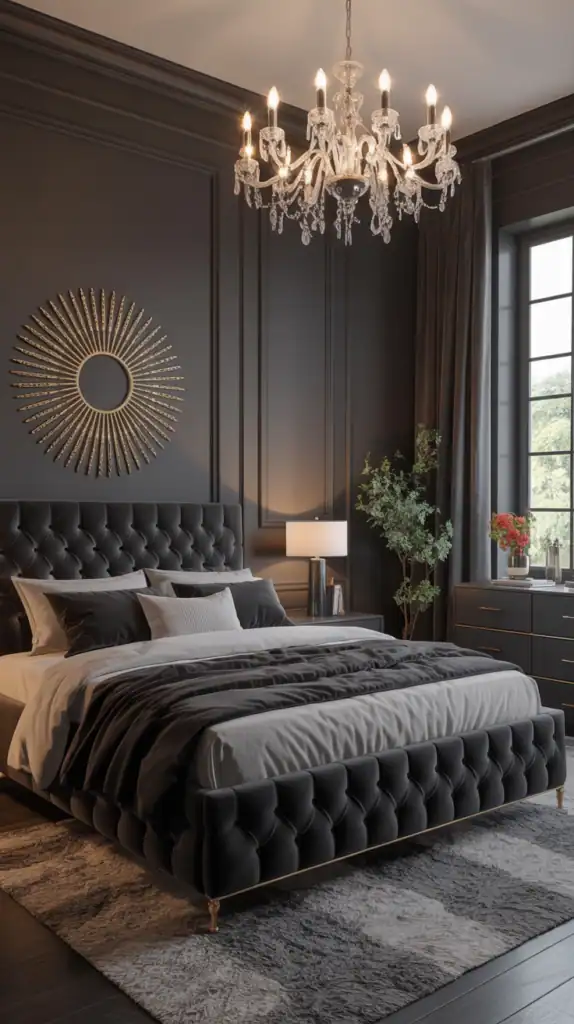 A chic black bedroom featuring a tufted black bed, sleek nightstands, a dresser, and a chandelier.