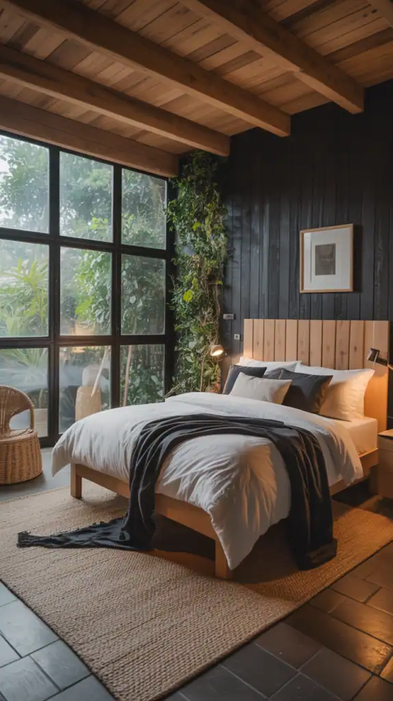 A cozy bedroom featuring a black and natural wood combination, with large windows and greenery.