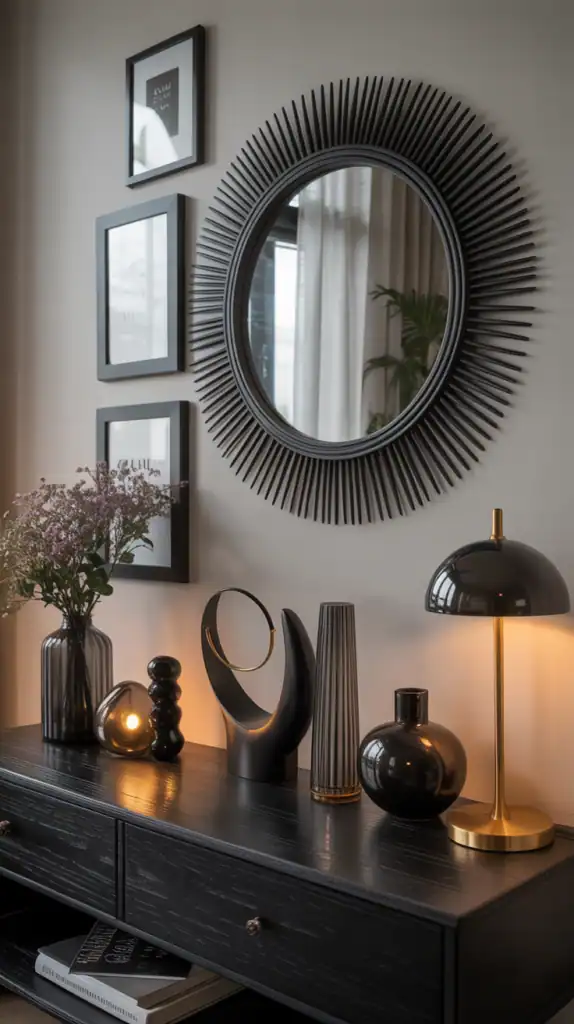 A stylish black decor arrangement featuring mirrors, framed art, and accessories on a light wall.