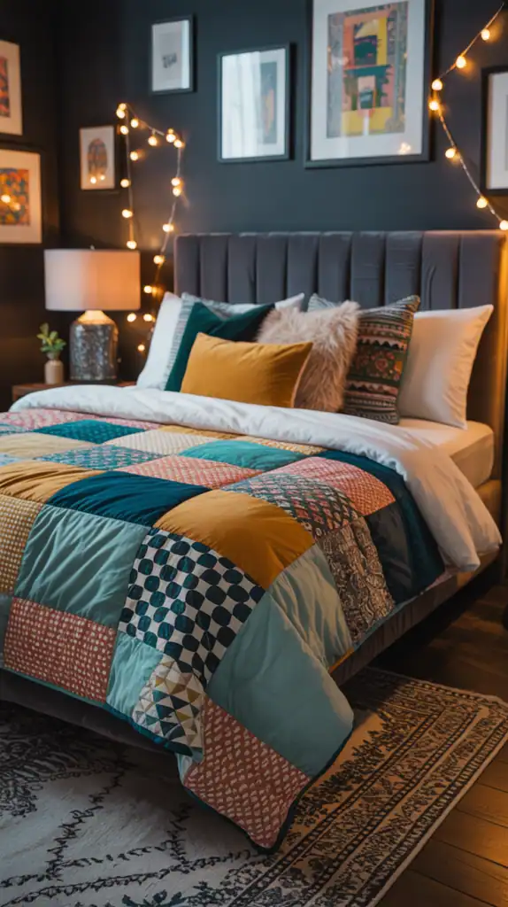 A stylish bedroom with black walls, colorful textiles, and playful decor.