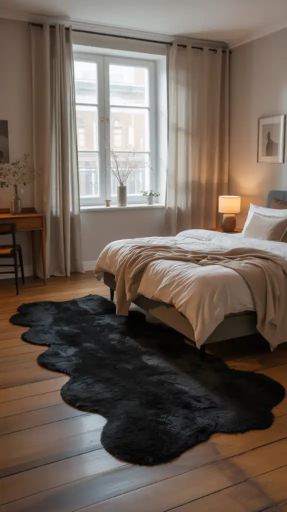 A cozy bedroom featuring layered black rugs on a wooden floor, with light curtains and a bed.