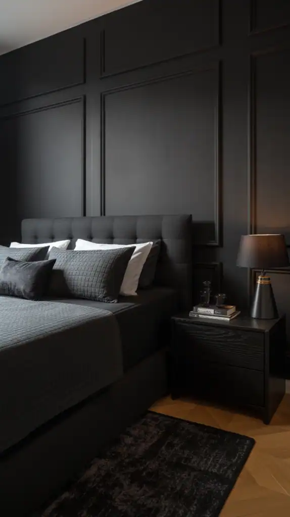A minimalist black bedroom featuring a black bed, nightstand, and lamp against black walls.