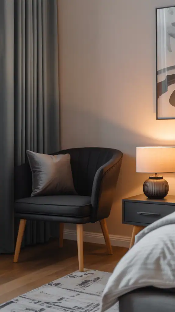 A modern black accent chair with wooden legs in a cozy bedroom corner, next to a bedside table and lamp.