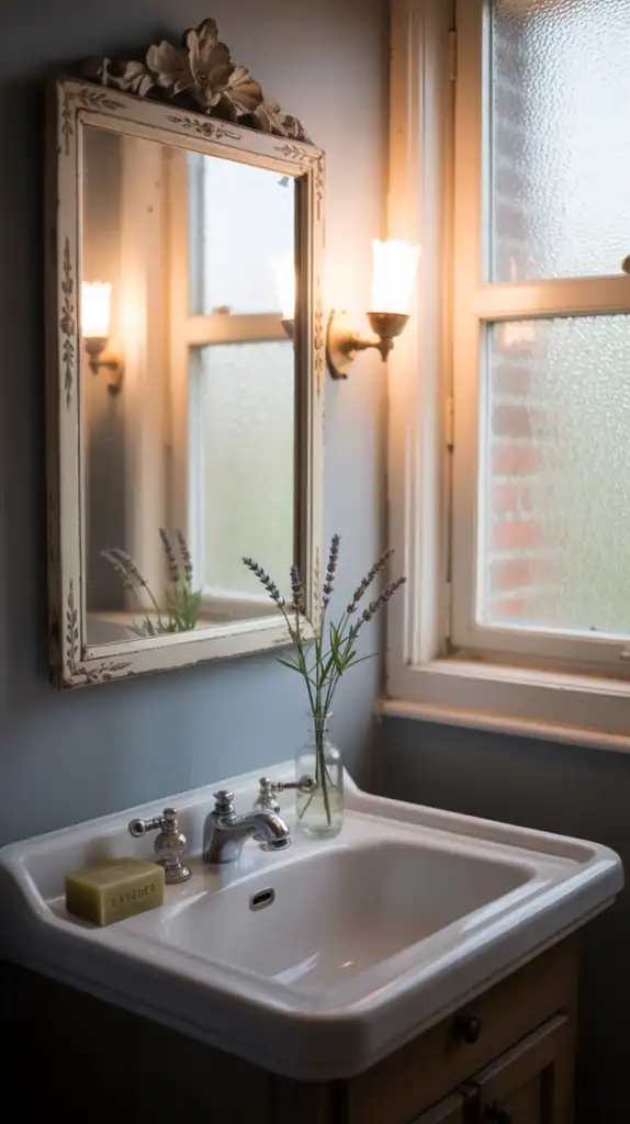 Small bathroom with a mirrored cabinet and soft lighting