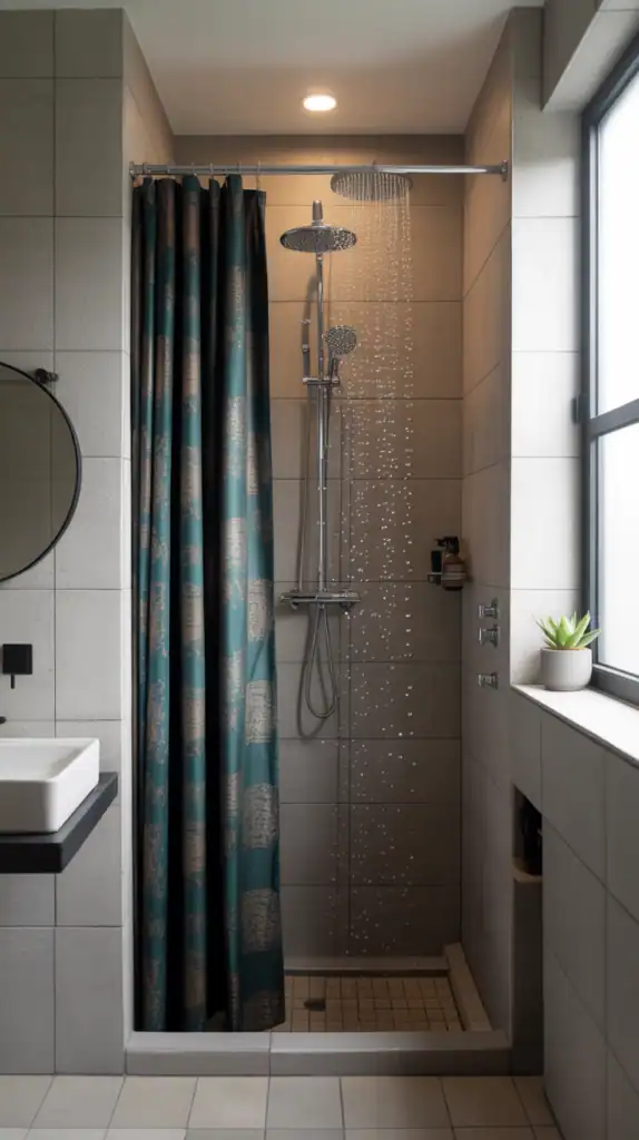 A small bathroom featuring a modern shower curtain with a dark pattern, a curved shower rod, and light-colored tiles.