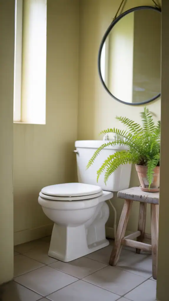 A small bathroom featuring a white toilet, a wooden stool, a round mirror, and a potted plant.