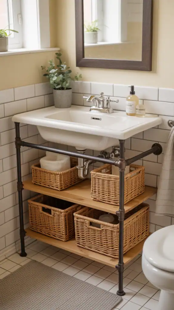Under-sink storage with woven baskets and a pipe frame in a small bathroom