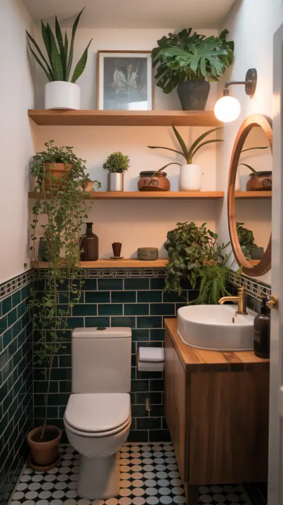 Small bathroom with wooden shelves filled with plants and decorative items.