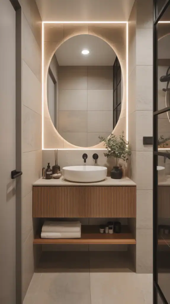 A compact floating vanity in a small bathroom with a modern design.