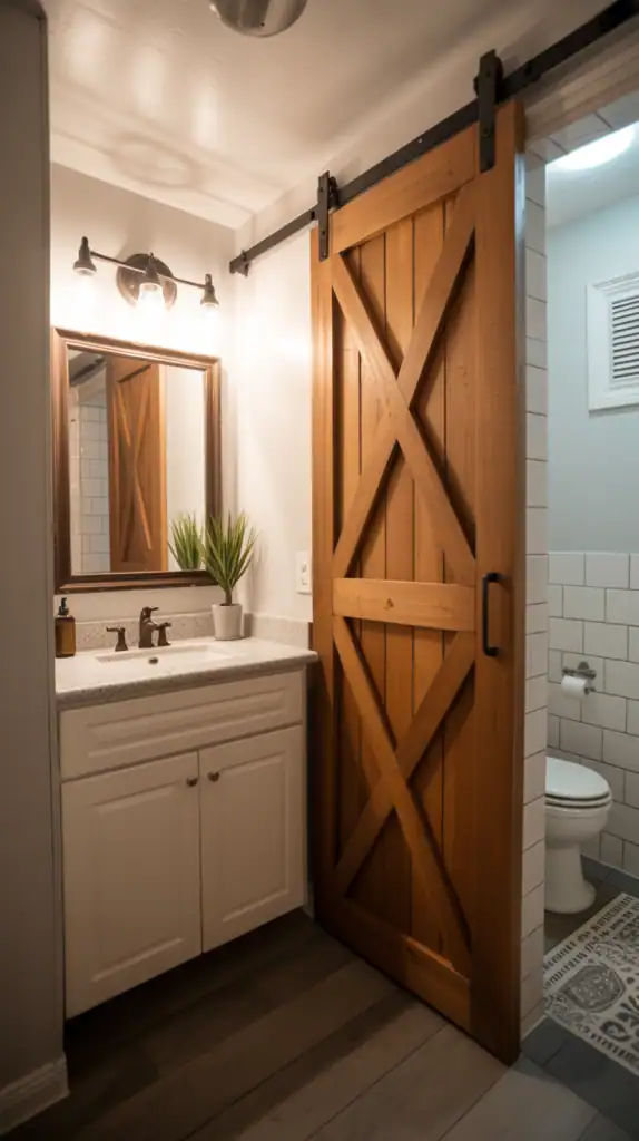 A small bathroom featuring a sliding barn door made of wood, enhancing space efficiency.
