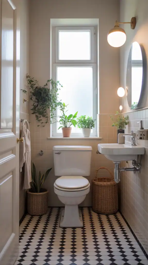 A small bathroom with light color palette, featuring a white toilet, sink, and bright natural light from a window.