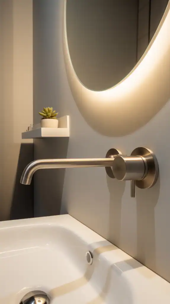 A modern wall-mounted faucet setup in a small bathroom