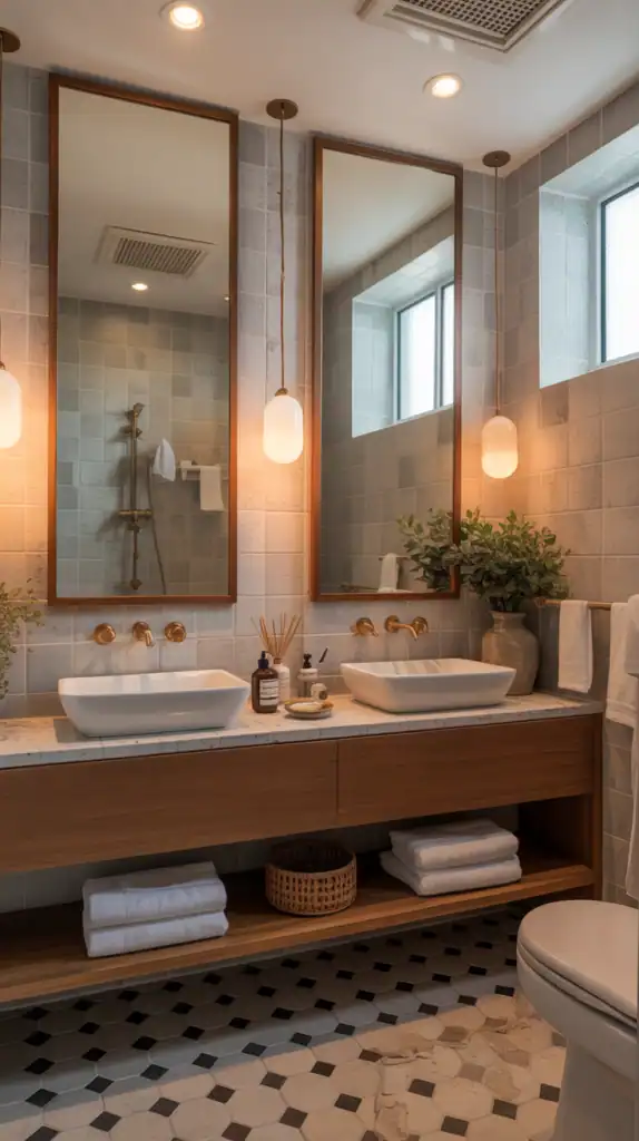 A small bathroom featuring two mirrors on opposite walls, creating a sense of depth and space.