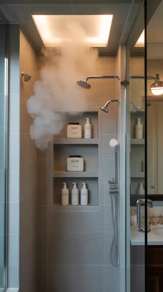 A modern shower with built-in niche shelving for toiletries.