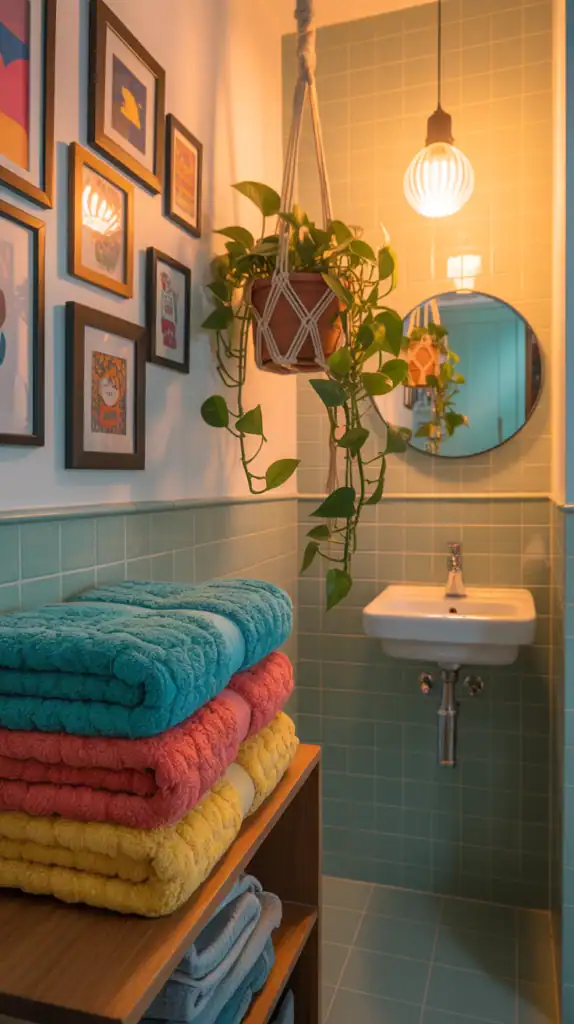 A small bathroom featuring colorful towels, quirky wall art, and decorative plants.