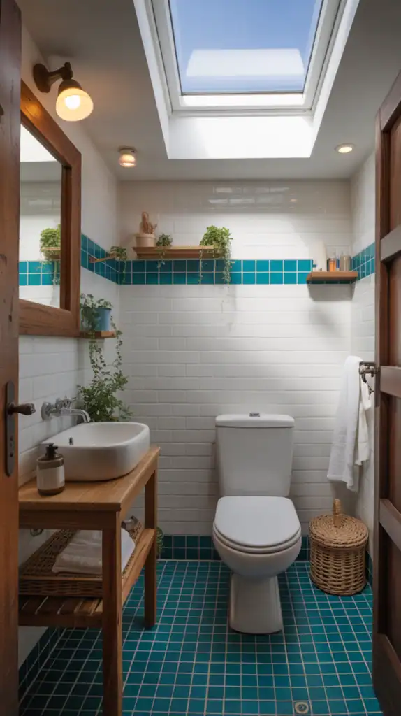 A small bathroom with a skylight allowing natural light to enter.