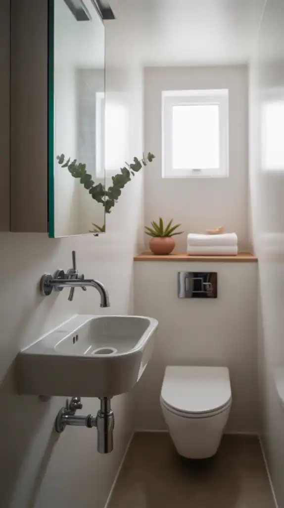 A minimalist small bathroom featuring a wall-mounted sink, a toilet, and a small shelf with decorative items.