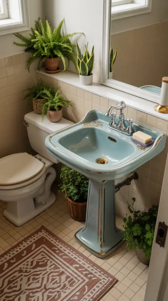 A small bathroom featuring a patterned rug, a toilet, a sink, and decorative plants.