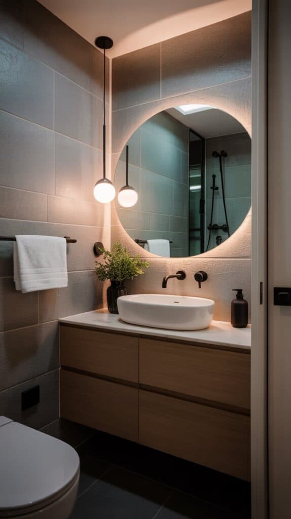 A small bathroom featuring modern accent lighting with a round mirror and wall-mounted light fixture.