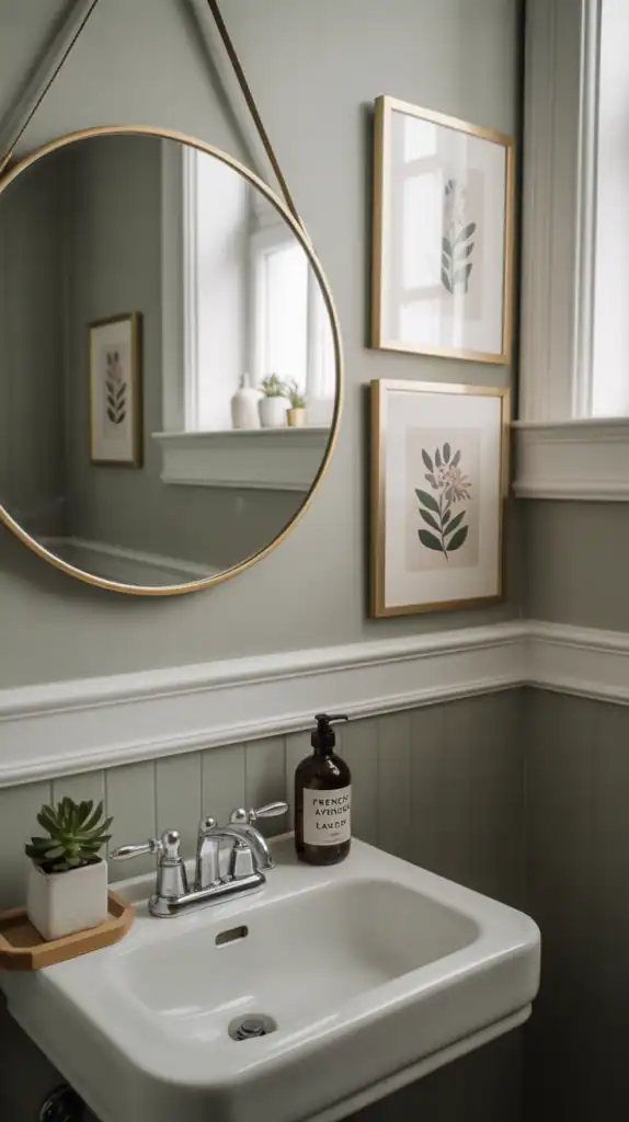 A small bathroom with gray walls featuring various wall decor, including framed art and a round mirror.