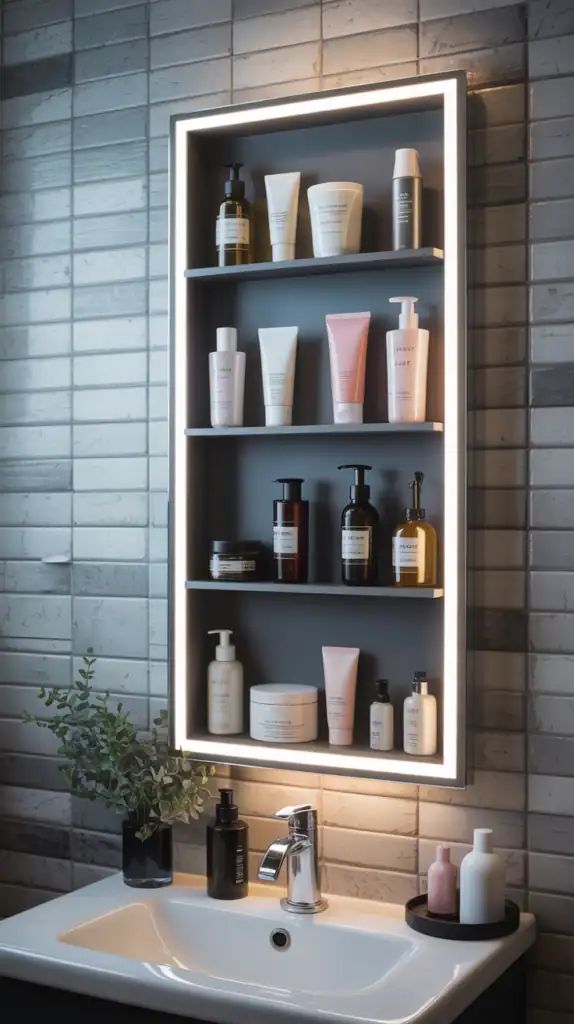 A bathroom mirror with hidden shelves behind it, displaying various skincare and toiletry products.