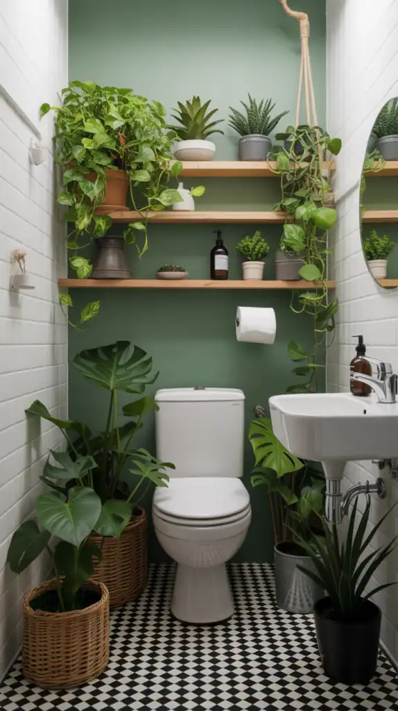 A small bathroom with plants on a shelf and floor, creating a fresh atmosphere.