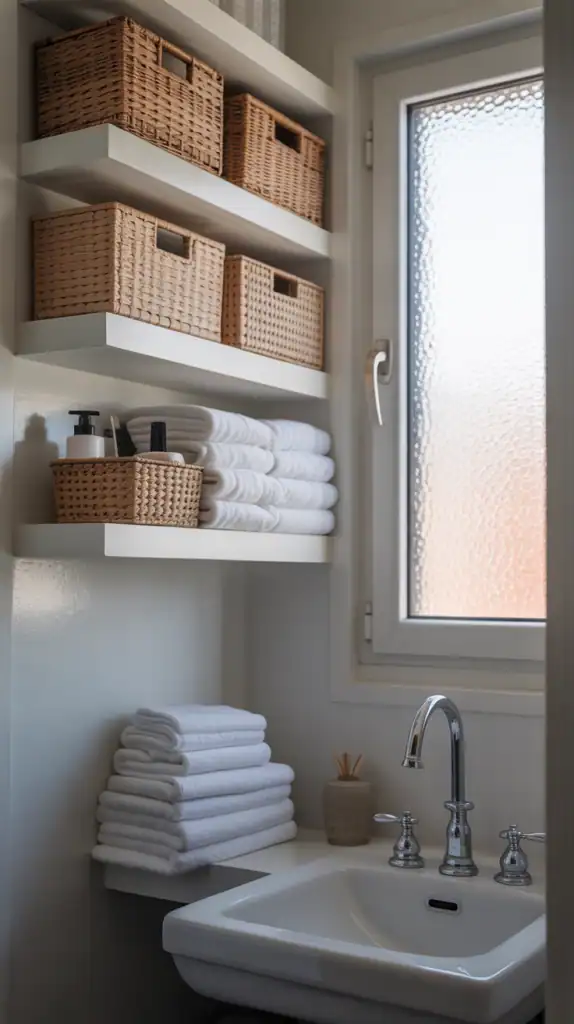 A small bathroom with organized storage using baskets on a shelf and towels neatly arranged.