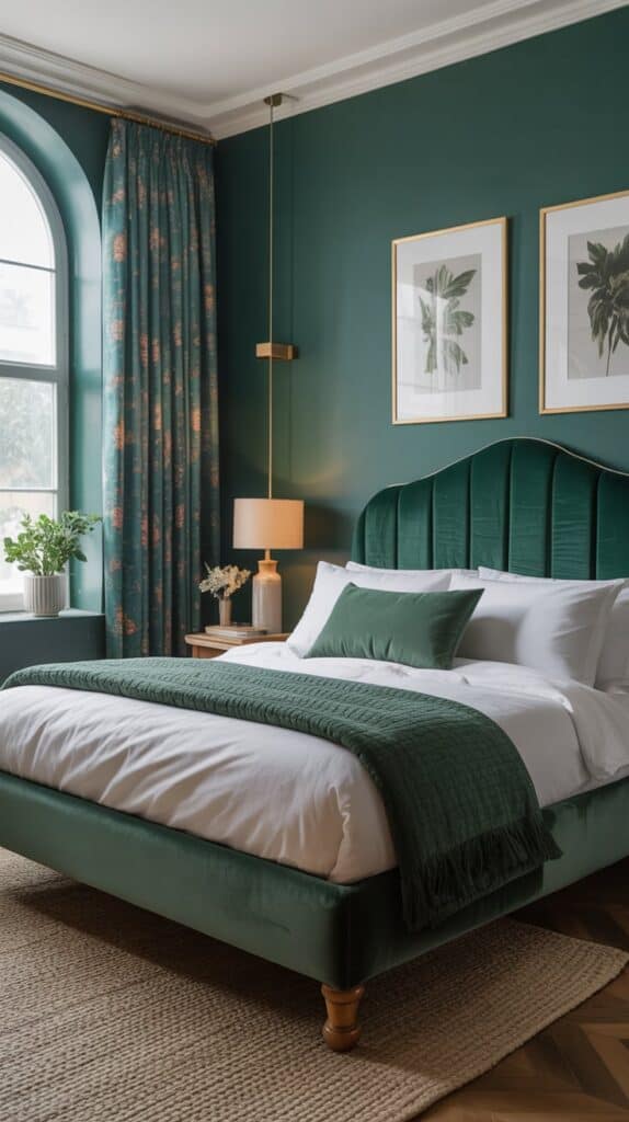 A luxurious bedroom interior with deep emerald green walls and a large arched window. The focal point is a queen-sized bed with a dark green velvet upholstered headboard featuring vertical channel tufting. The bed has crisp white bedding and a dark green velvet throw blanket with fringe details across the foot. A matching dark green velvet bench sits at the foot of the bed. The floor features a natural jute area rug with a herringbone pattern. A pendant light fixture with a brass finish and white shade hangs above the bed. Two framed botanical prints in gold frames hang on the wall above the bed - one showing a palm leaf and another with a botanical illustration. A floral-patterned teal curtain with beige and pink flowers hangs on the arched window. A small potted plant sits on the windowsill. The room has white crown molding and baseboards, and the lighting creates a warm, intimate atmosphere. The overall color scheme consists of emerald green, white, and brass accents, creating a sophisticated and cohesive design.