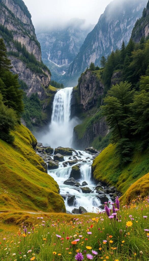 Lush, verdant waterfall cascades tumbling down the majestic cliffs of Lauterbrunnen Valley, a pristine natural wonder nestled in the heart of the Swiss Alps. Towering granite peaks frame the scene, dusted with a soft, ethereal light. Crystalline waters rush over moss-covered rocks, filling the air with the soothing sounds of nature. In the foreground, vibrant wildflowers dot the rolling meadows, creating a serene and enchanting atmosphere. Capture the essence of this breathtaking landscape, with a wide-angle lens to showcase the grandeur of the valley and its awe-inspiring waterfalls.
