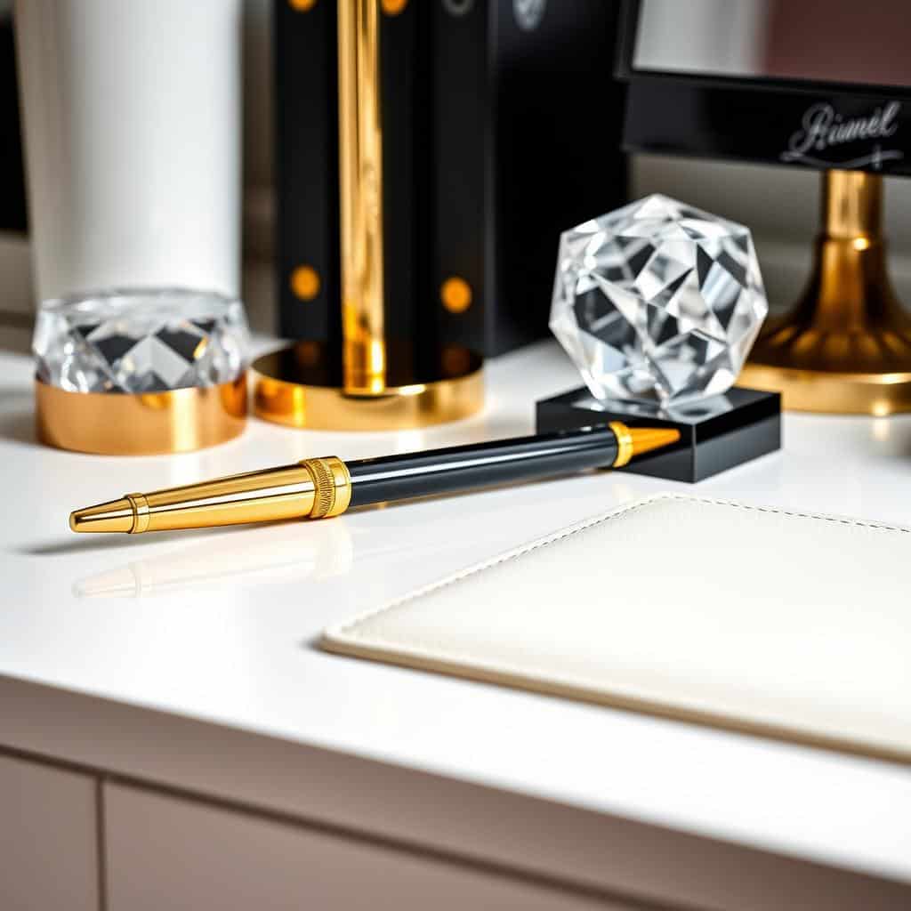 Luxury desk accessories including gold pen, crystal paperweight and leather pad Luxury desk accessories including gold pen, crystal paperweight and leather pad