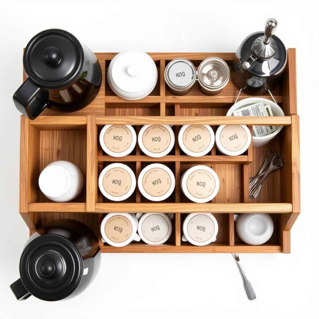 Lzhevsk Wooden Coffee Station Organizer with compartments for K-cups and coffee supplies