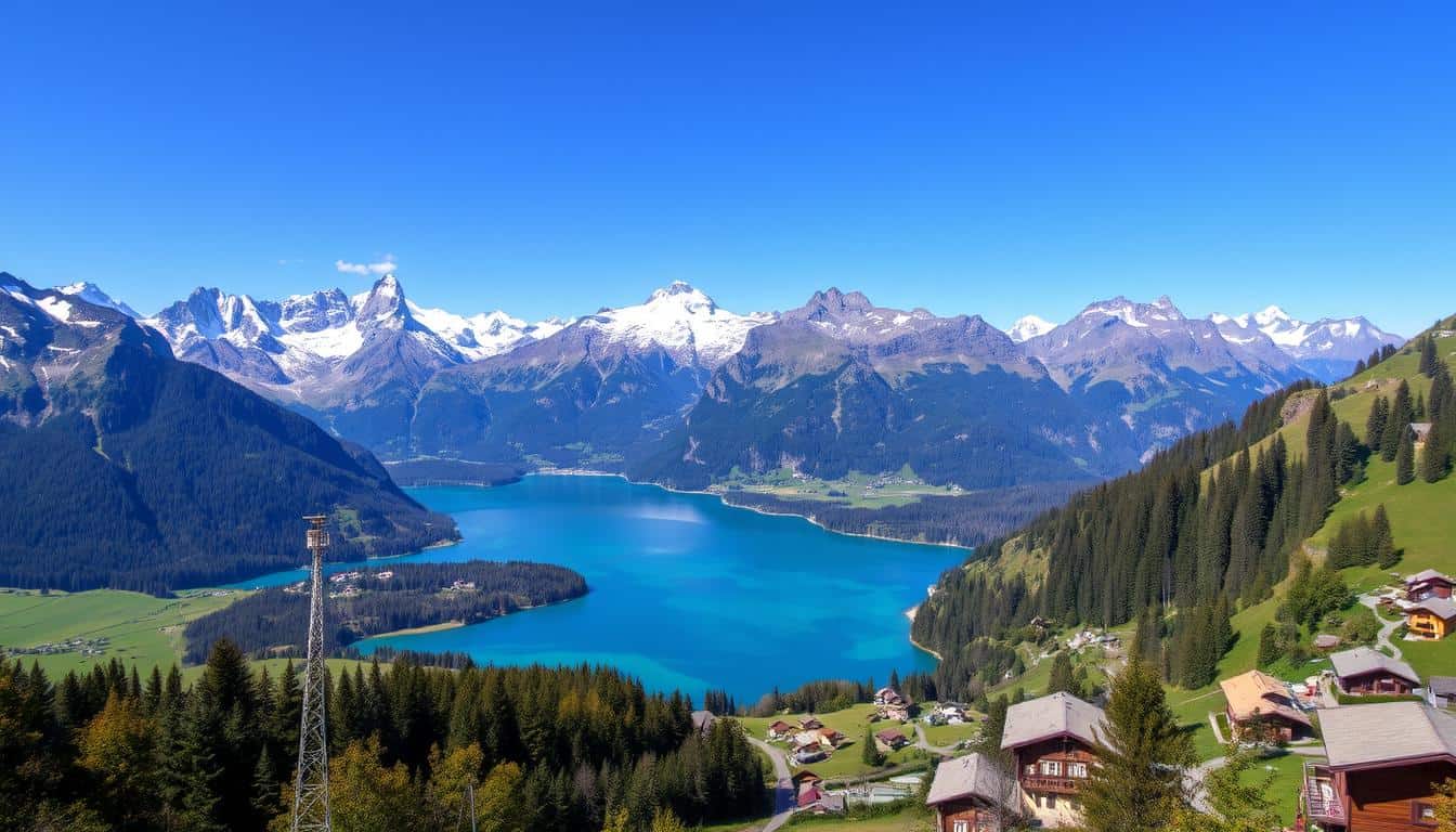 Panoramic view of the Swiss Alps with a lake and traditional Swiss village - 7-day Switzerland itinerary
