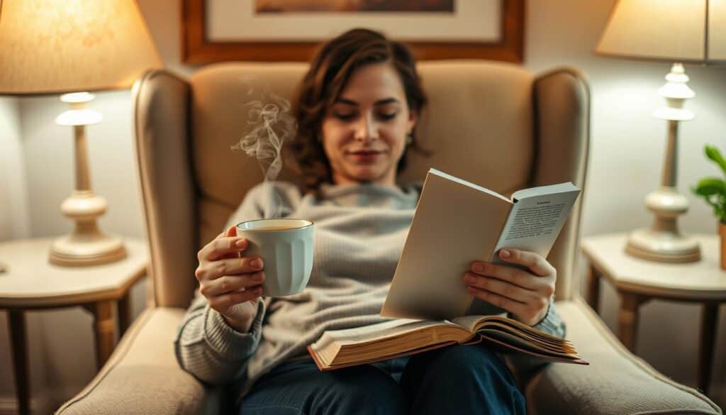 Person enjoying a cup of herbal tea and reading a book as part of an evening wind-down ritual for self-care after work